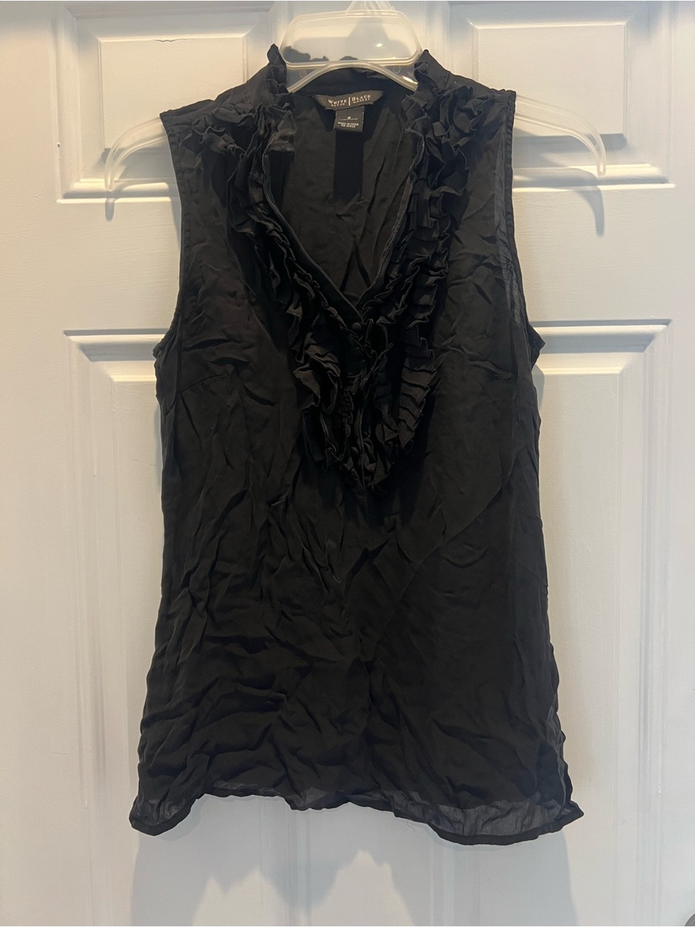 White House Black Market Black Sleeveless Ruffle V-Neck Blouse